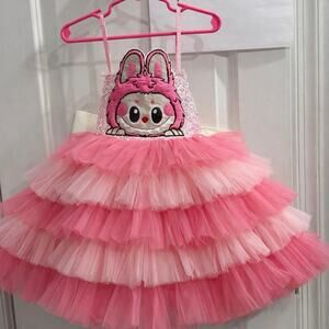 New Oh Shana 4T Labubu Pop Mart Pink Tulle Sparkle Fancy Dress & Blooms Handmade